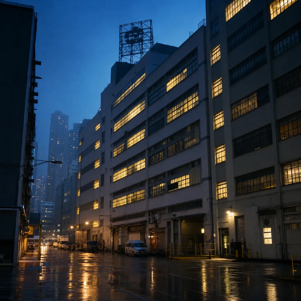 Industrial buildings in Kwun Tong, Hong Kong with warm-lit windows at blue hour