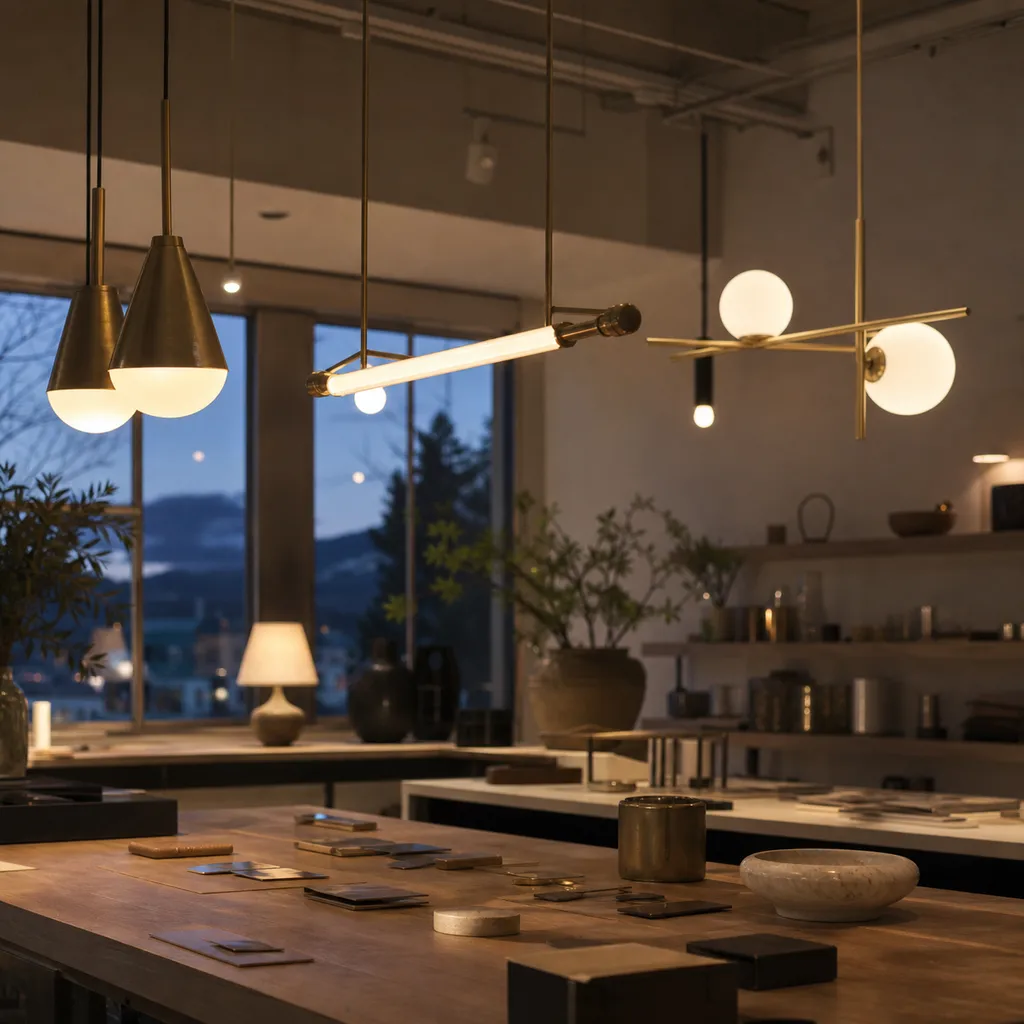 A warm-lit lighting showroom at dusk with pendant and linear fixtures hanging at varied heights