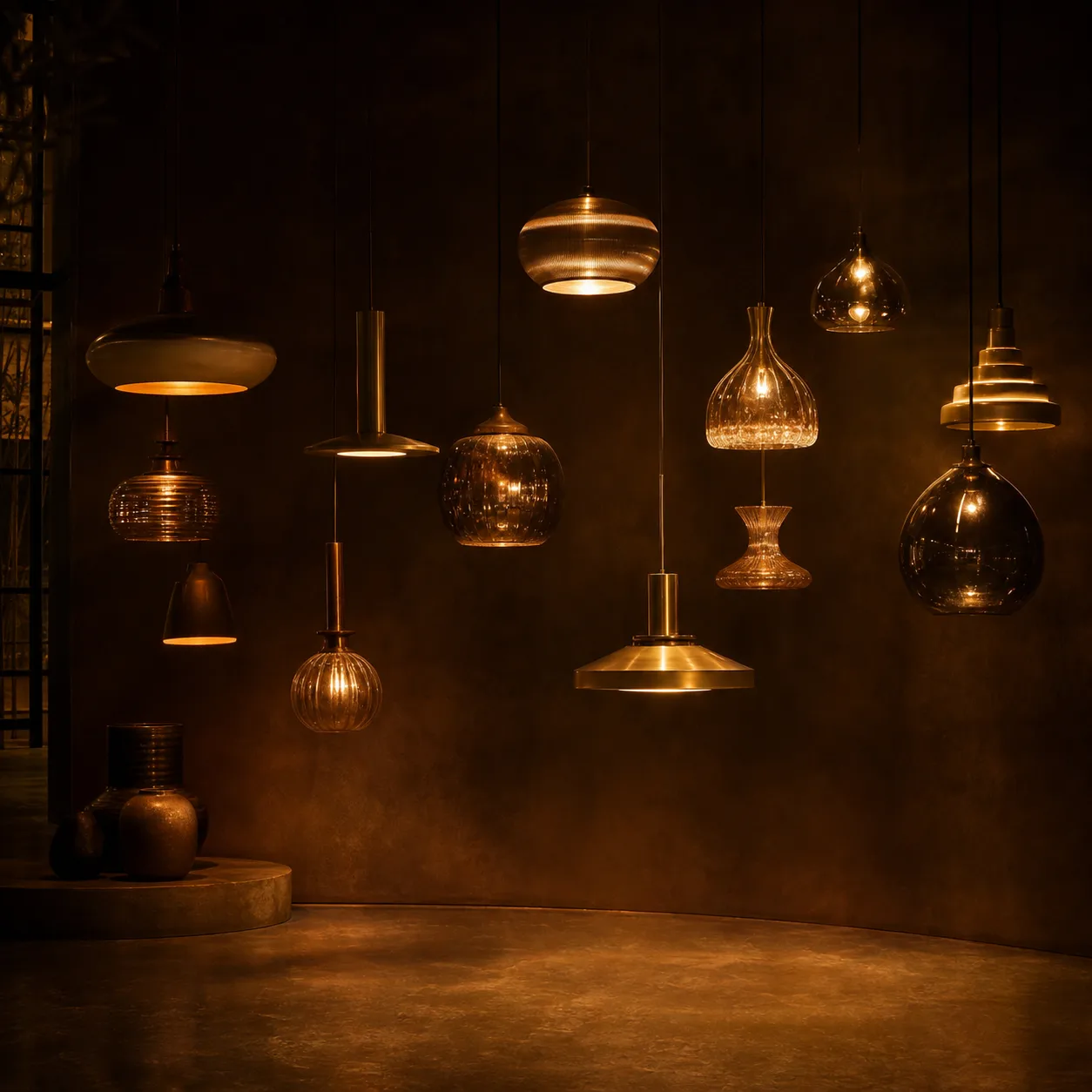 A dark showroom wall of glowing brass, ceramic and glass pendant lights