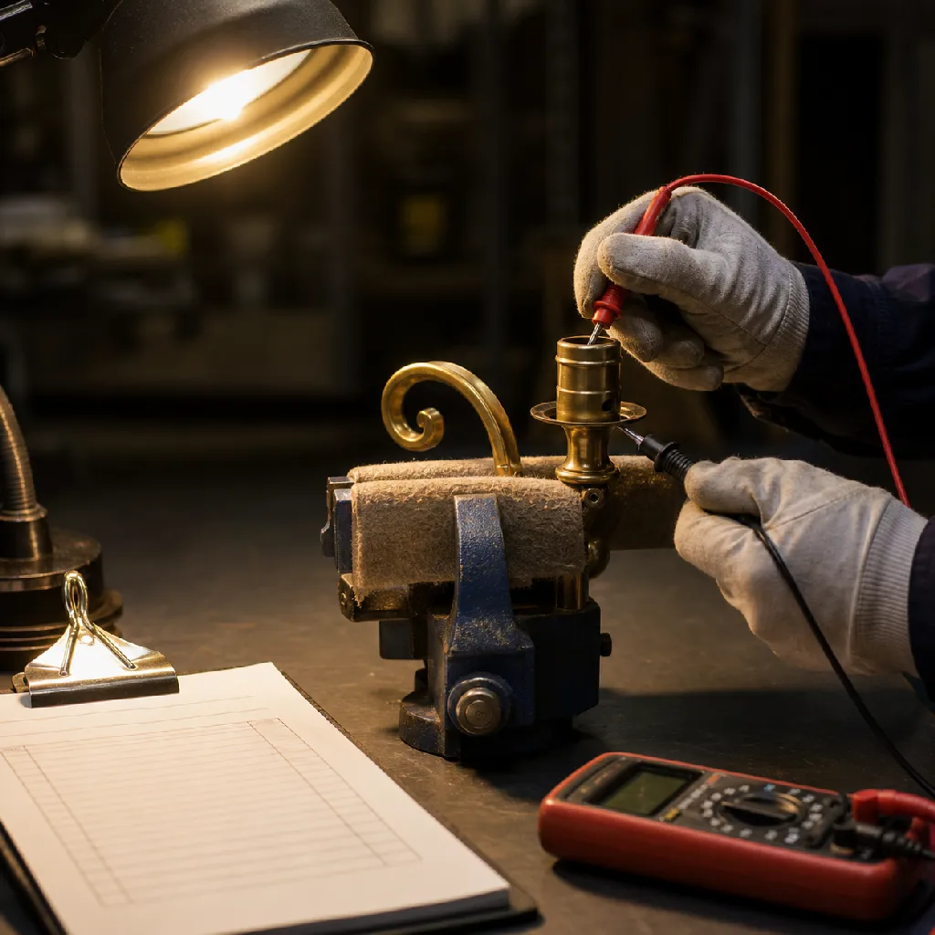 Gloved hands checking a brass chandelier arm with a multimeter at a quality-control bench