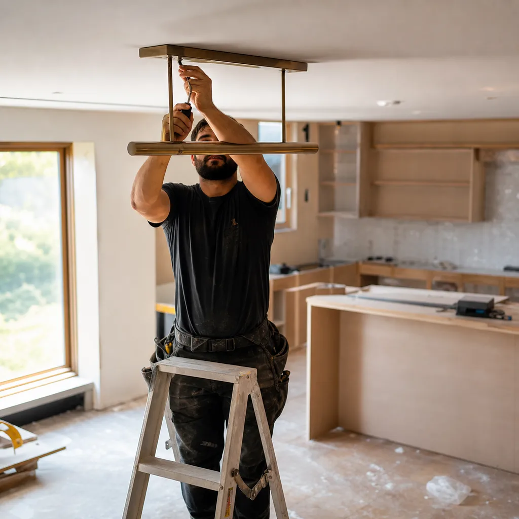An electrician on a short ladder fitting a linear brass pendant to a ceiling in a half-finished kitchen