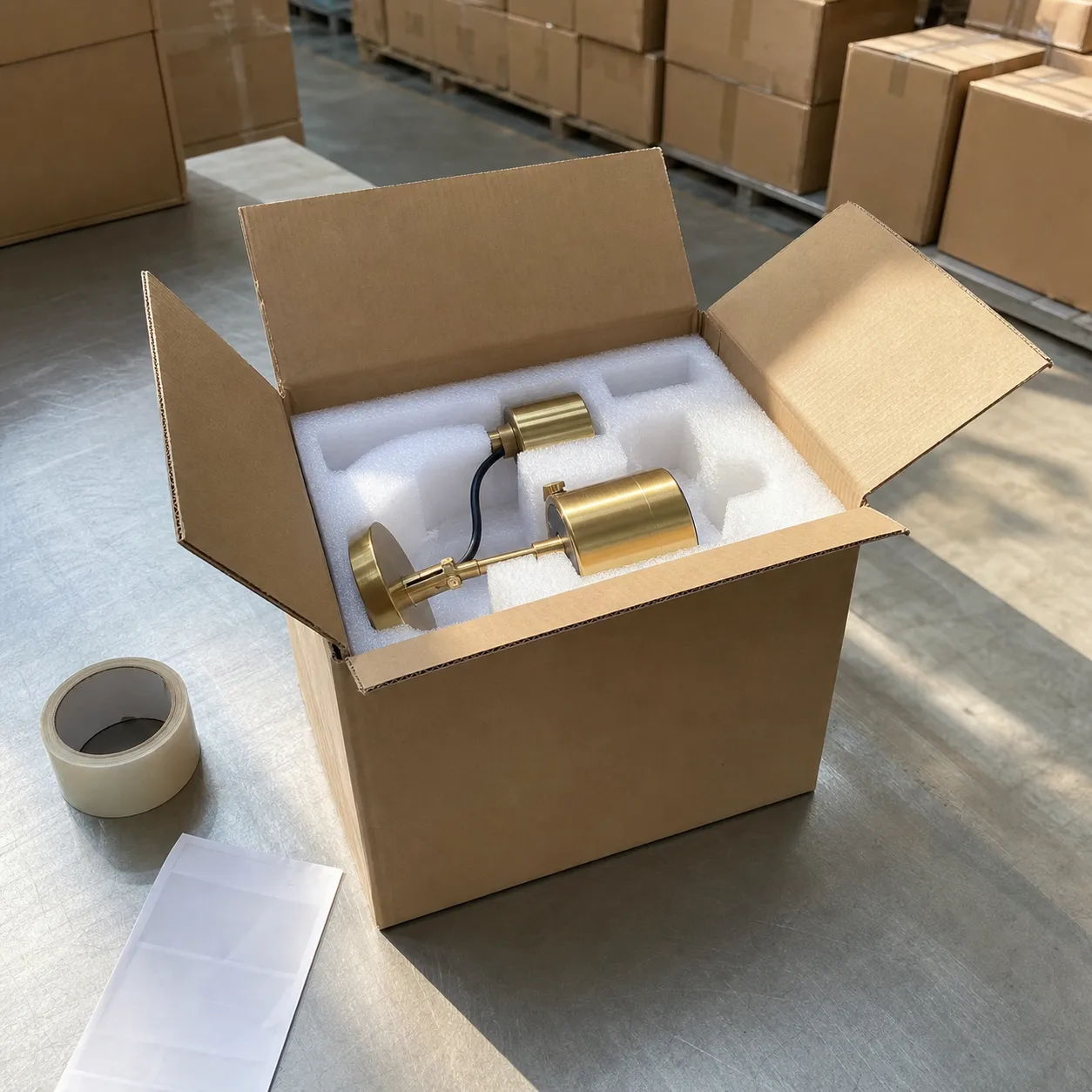 A brass pendant nested in moulded foam inside a kraft carton, ready for freight in a Hong Kong warehouse