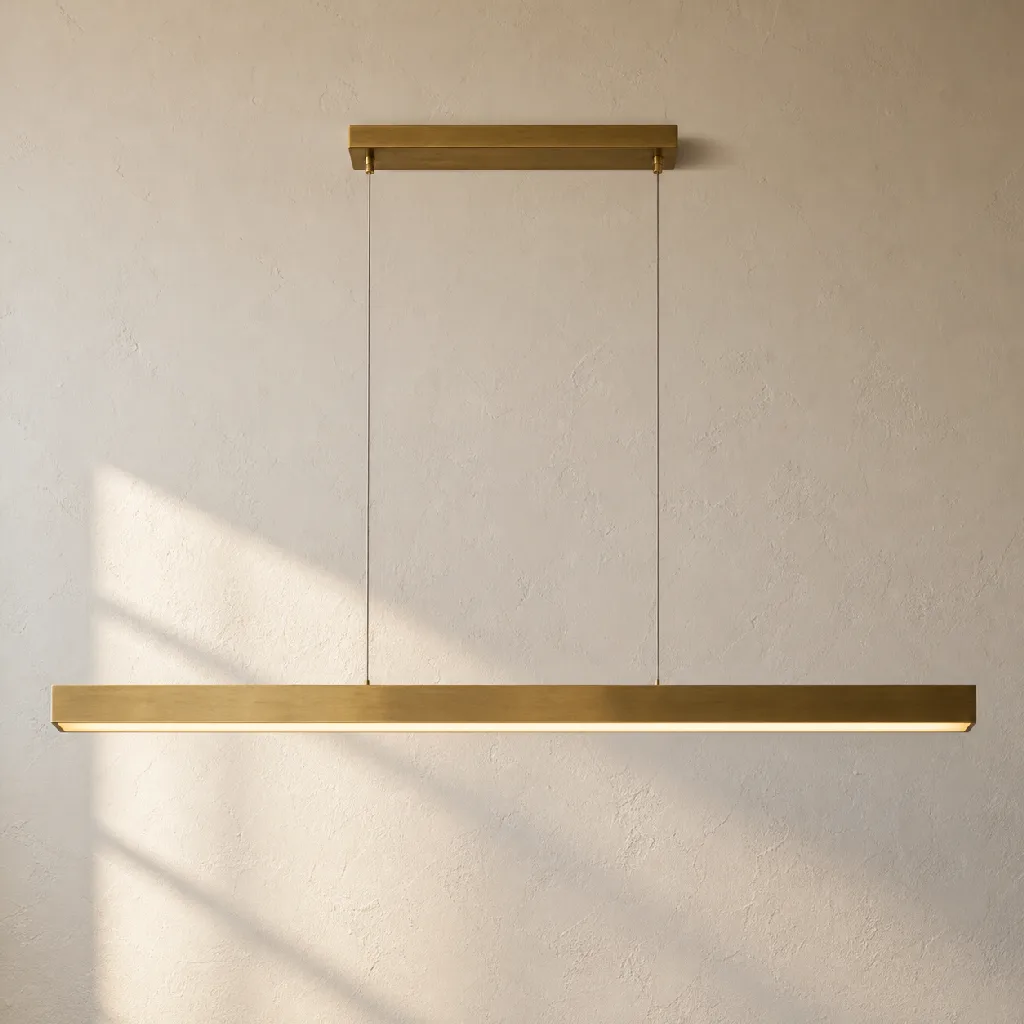 Halden Linear Pendant — straight-on front elevation, mid distance, fixture horizontal