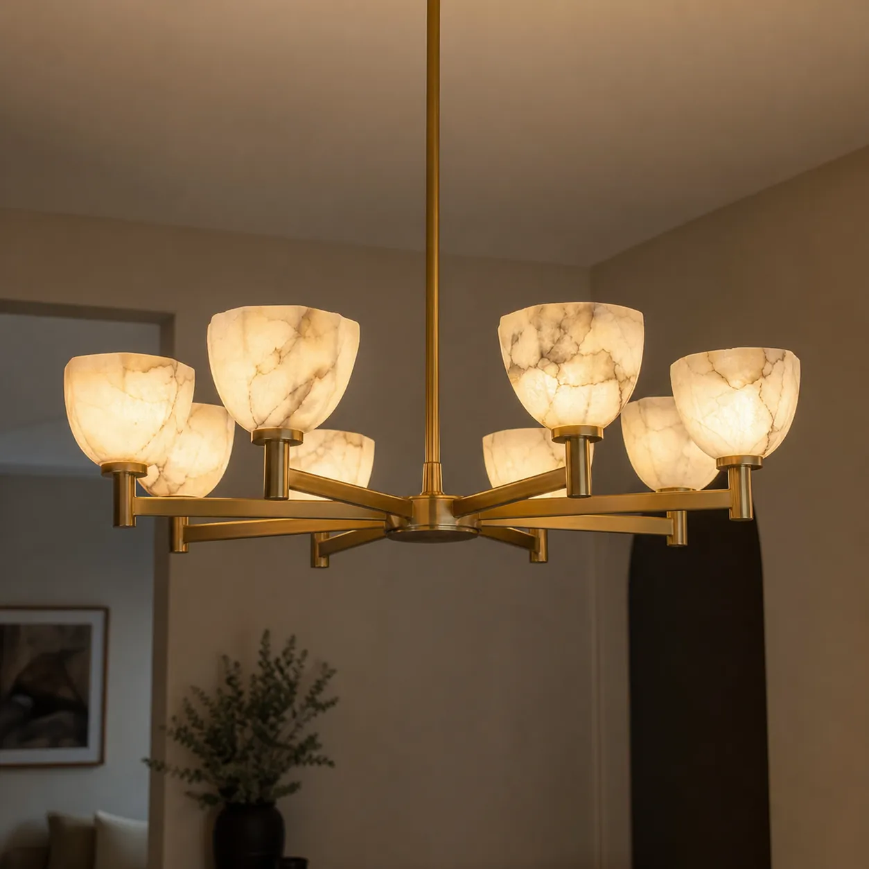 Lumen Hall Alabaster Chandelier — straight front elevation, full fixture, mid distance