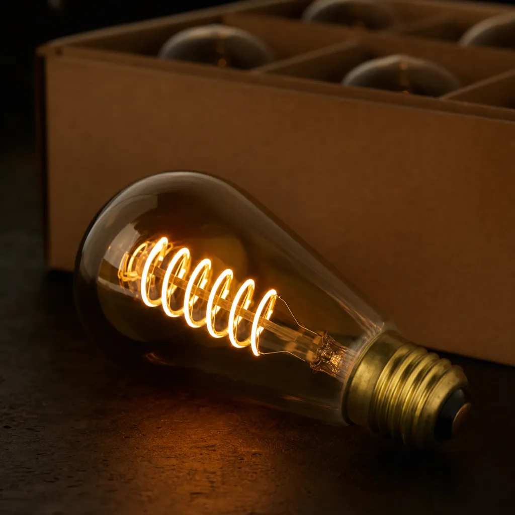 Ember Edison Filament Bulbs — Case of 12 — tight macro of one lit bulb, filament in focus