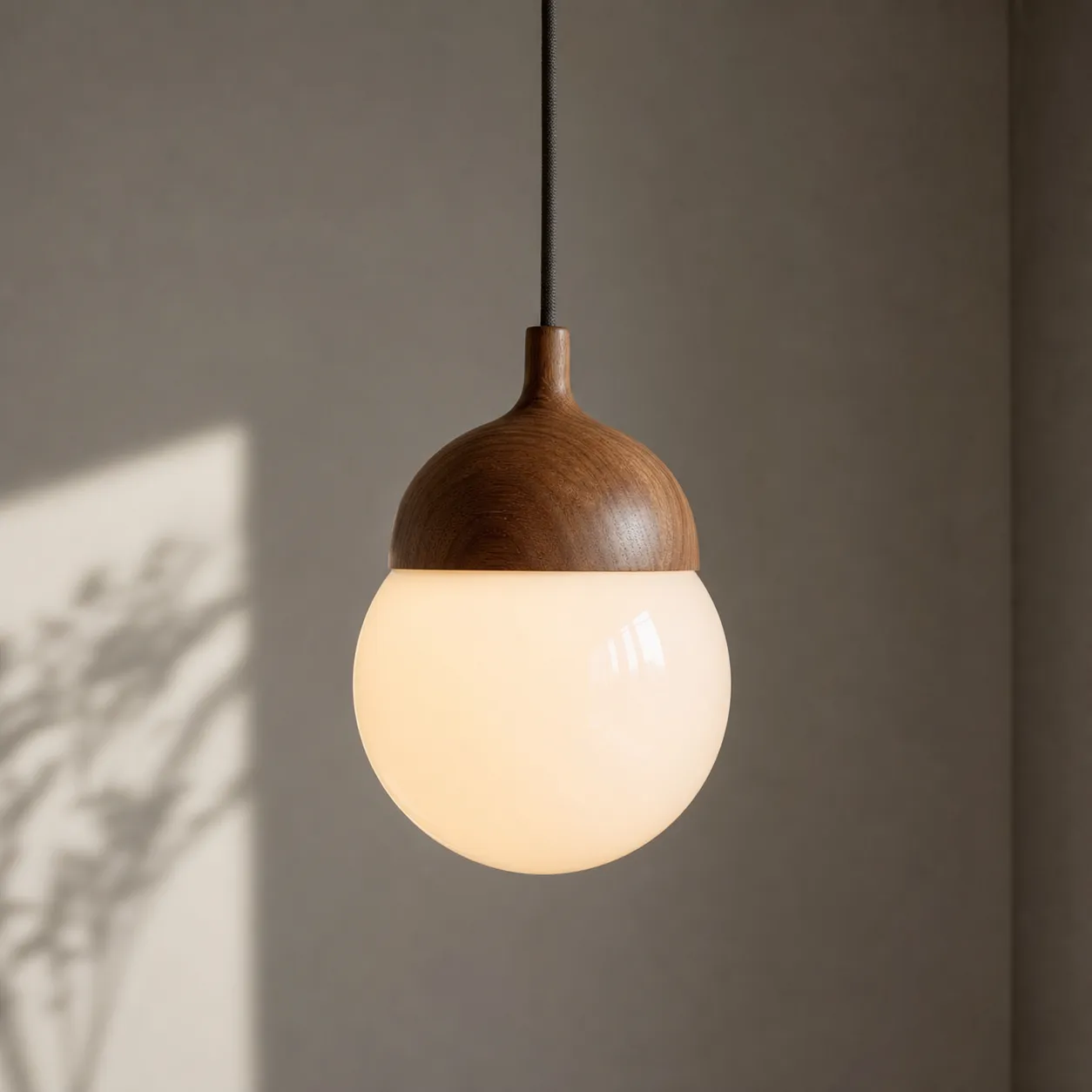 Selene Opal & Walnut Pendant — straight front, single pendant, mid distance