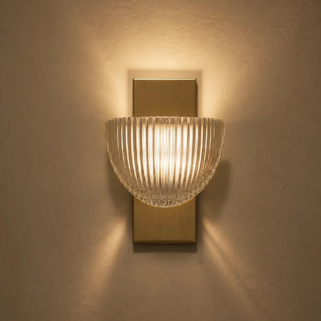 Mistral Ribbed Glass Sconce — straight front on a wall, mid distance