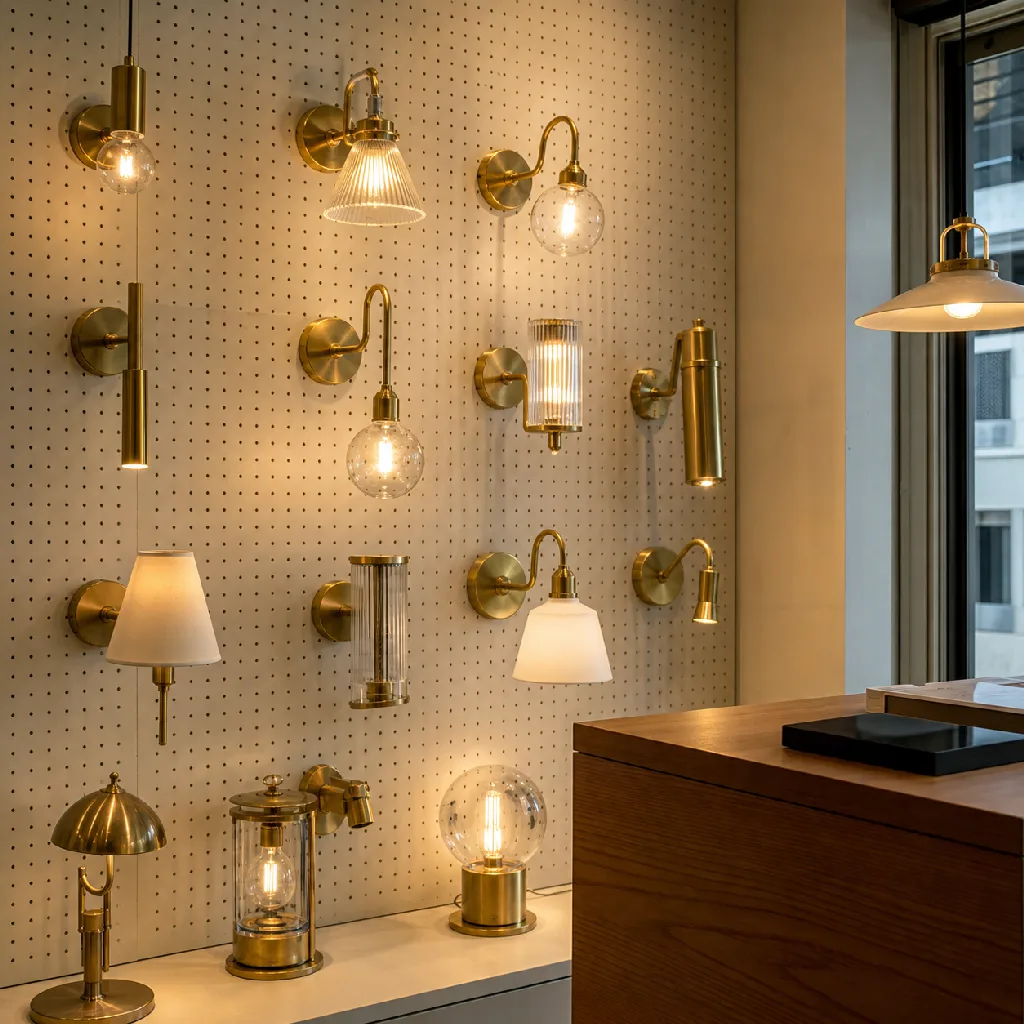 The HWBOM trade showroom in Kwun Tong: a grid of brass and glass fixtures lit warm on a display wall