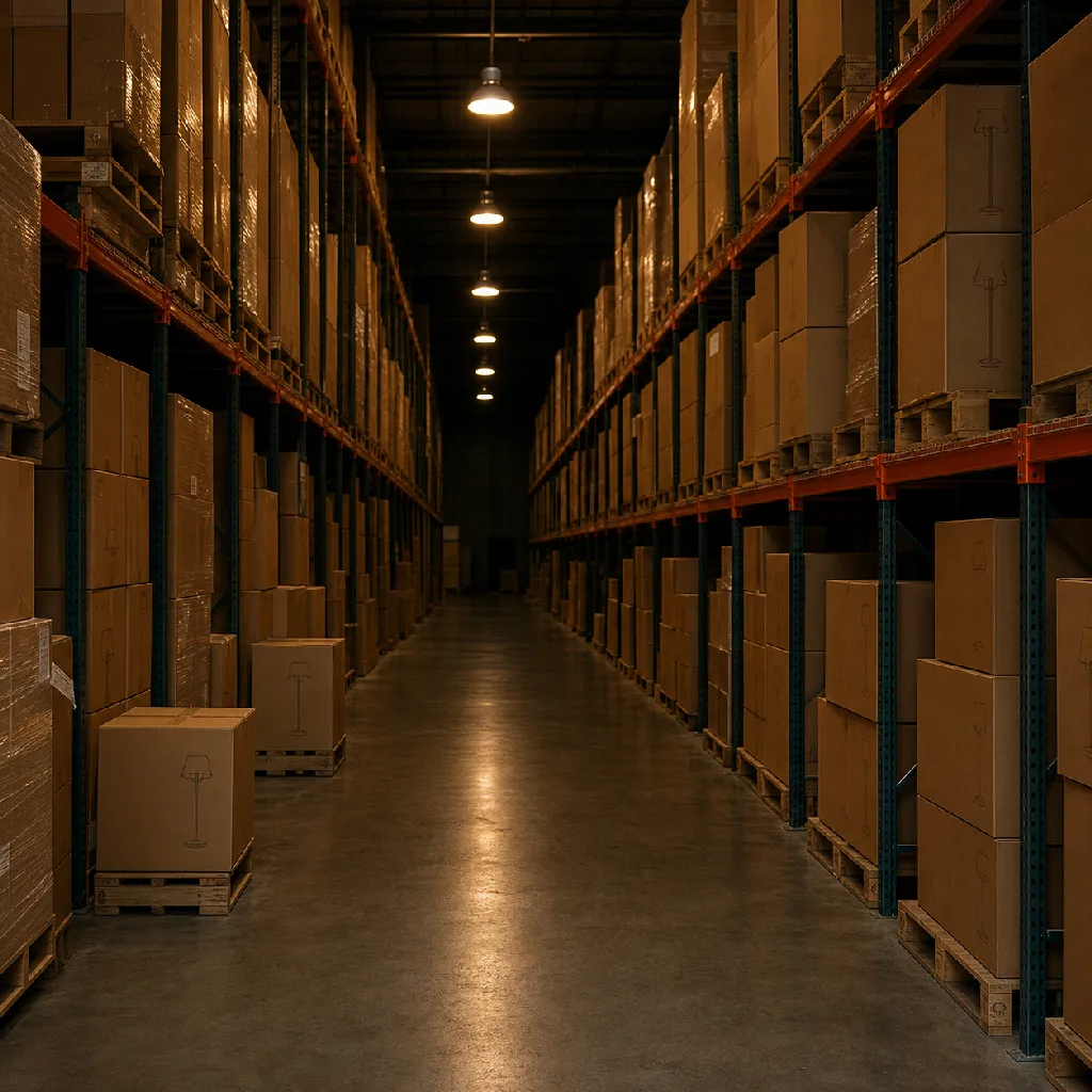 A warehouse aisle of labeled kraft cartons lit by warm pendant work lights