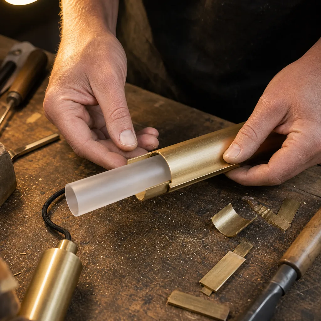 Hands fitting a frosted diffuser into a brushed-brass pendant channel at a workbench
