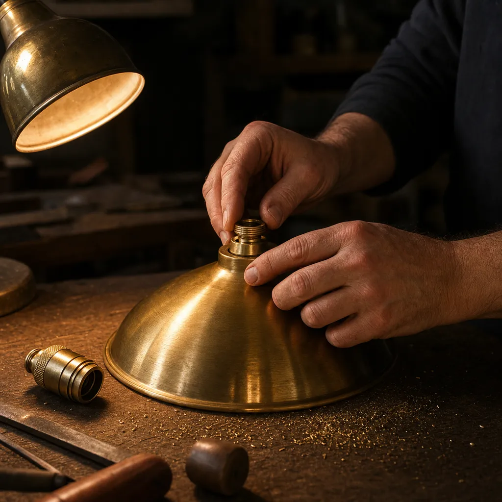 Hands assembling a spun brass pendant shade at a workbench